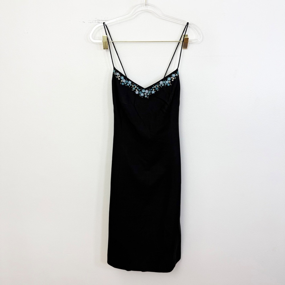 Vintage Ann Taylor Black Silk Floral Embroidered Slip Dress Size 10